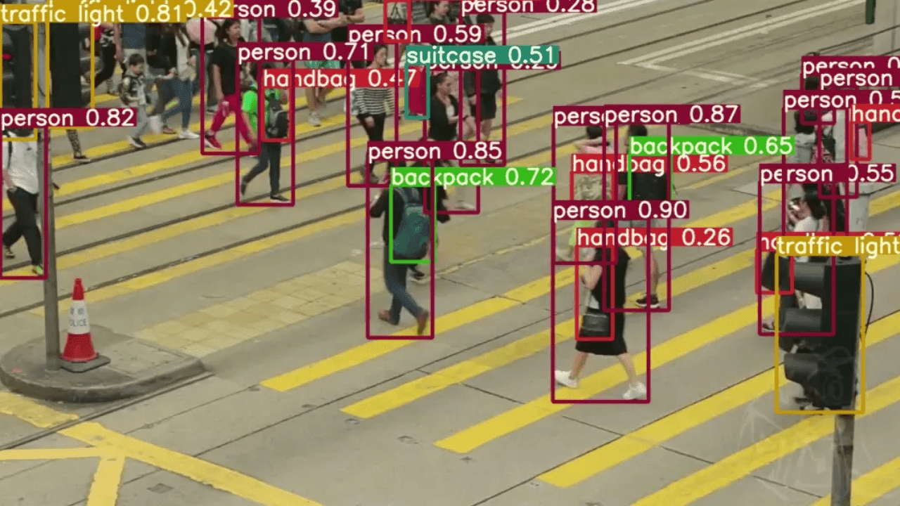 A busy pedestrian crosswalk with various people labeled and identified with bounding boxes and confidence scores.